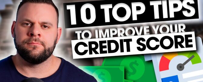 Man speaking, credit tips background. "10 Top Tips to Improve Your Credit Score" text shown.
