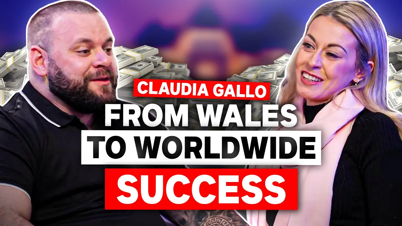 Man and woman talking, money background. Text: "CLAUDIA GALLO FROM WALES TO WORLDWIDE SUCCESS."