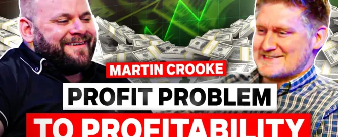 Two men smiling, money background. Text reads, "Martin Crooke Profit Problem to Profitability."