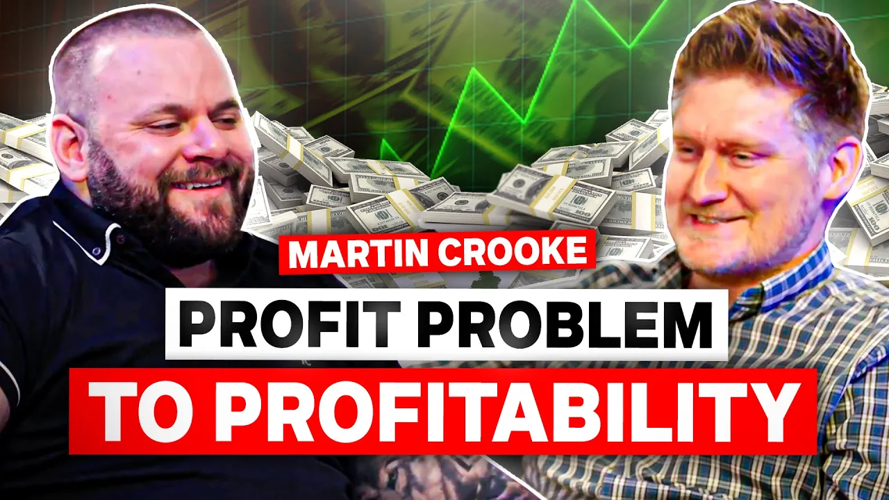 Two men smiling, money background. Text reads, "Martin Crooke Profit Problem to Profitability."