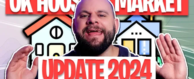 Man speaking, colorful house icons. Text: "UK Housing Market Update 2024."