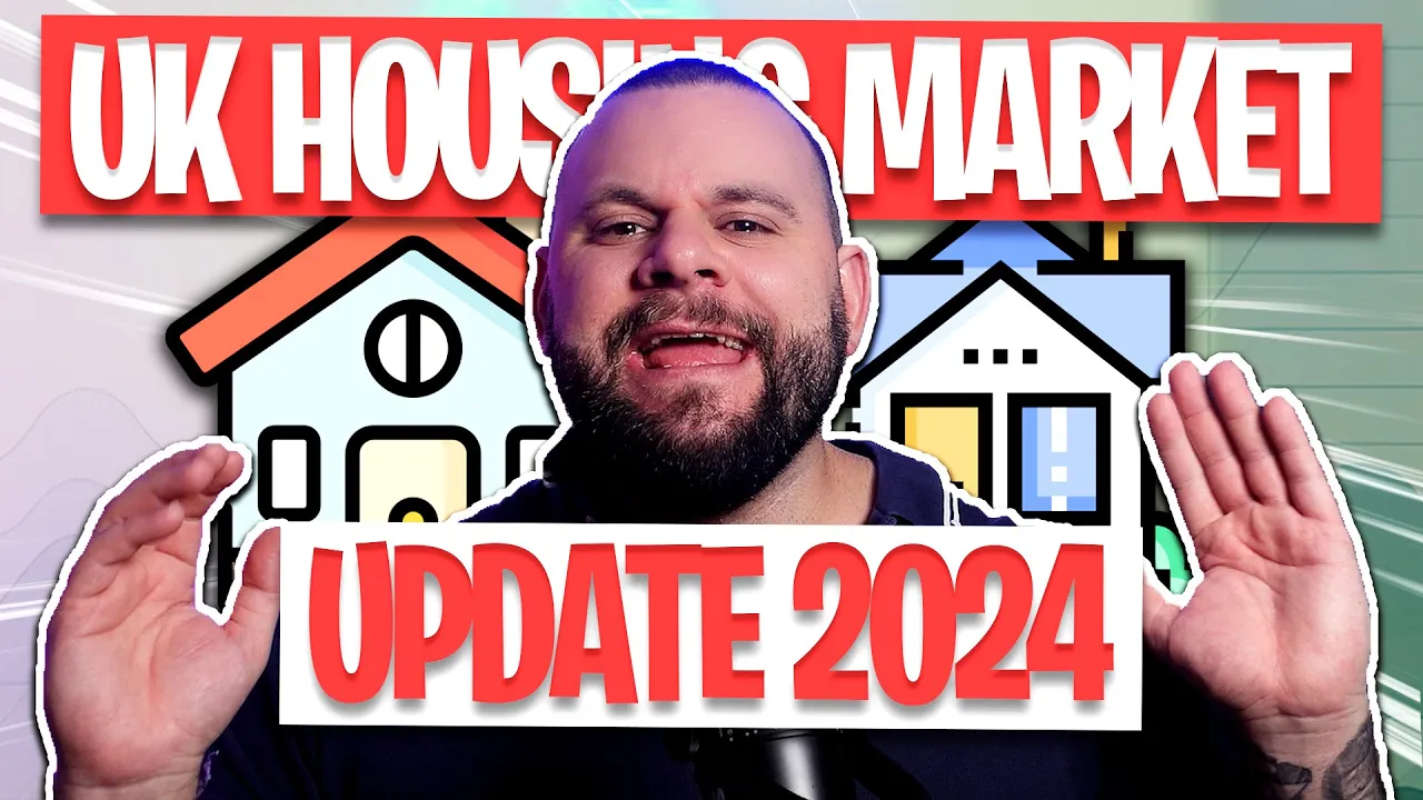 Man speaking, colorful house icons. Text: "UK Housing Market Update 2024."